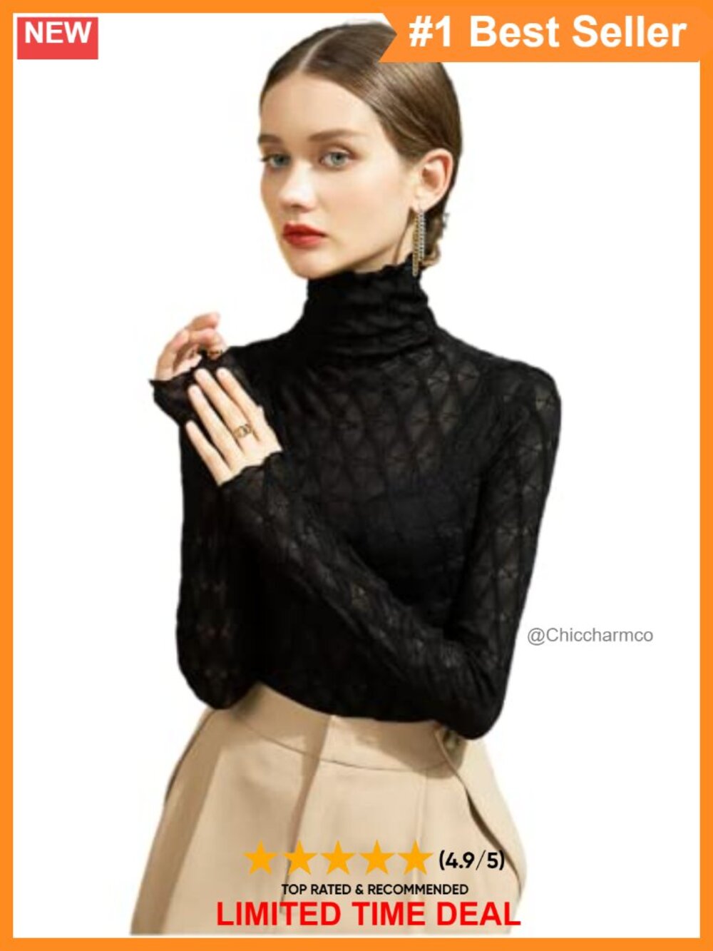 Womens Long Sleeve Mock Neck Lace Mesh Tunic Top Sheer Blouse